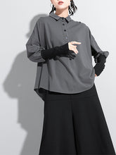 Women Lapel Color Block Long Sleeve Shirt